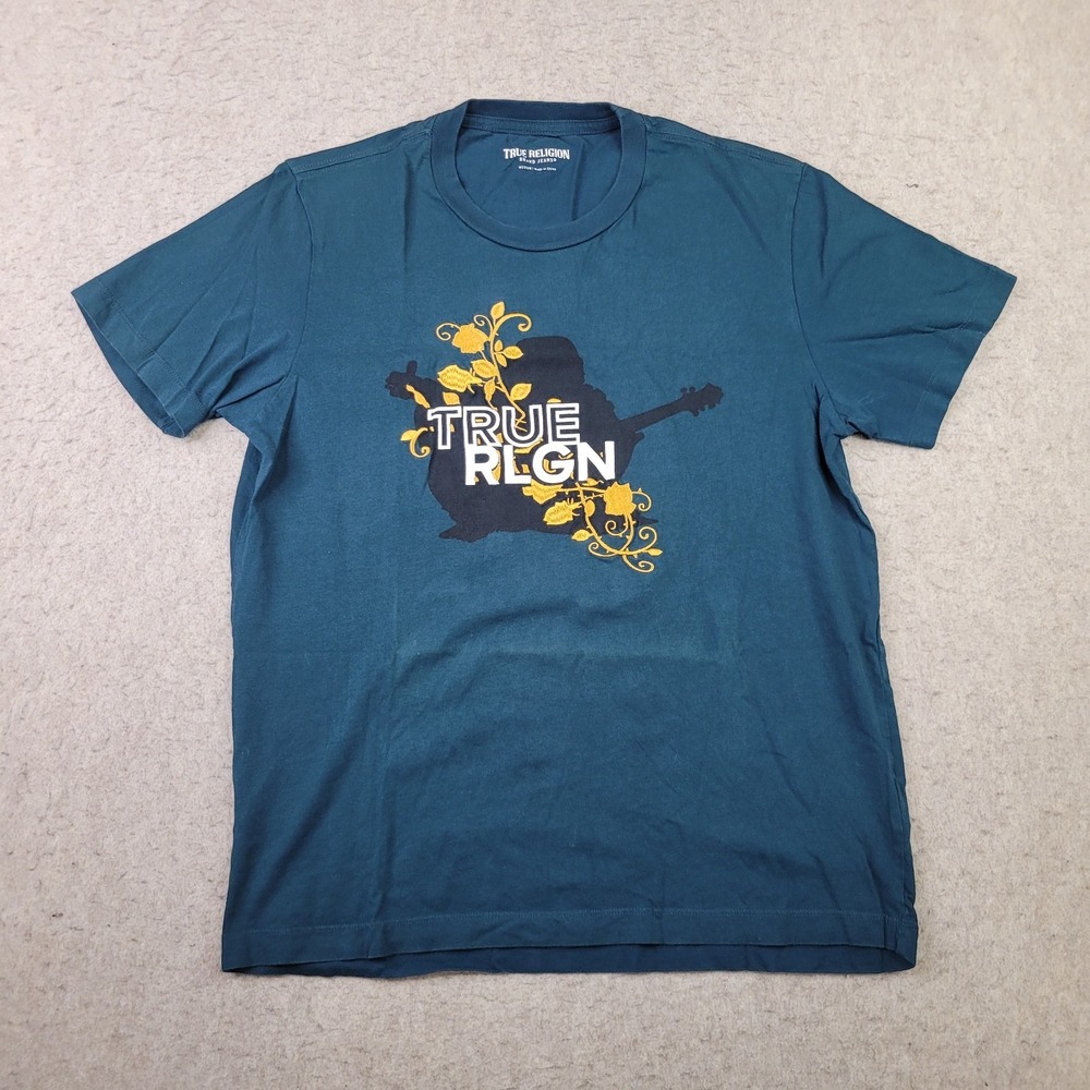 True Religion‎ T Shirt Mens Medium Blue Short Sleeve Crew Neck Band Graphic